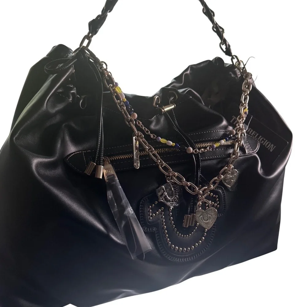 True Religion Black Faux Leather Multi Chain Strap Charm Gold Tonr Hobo Large